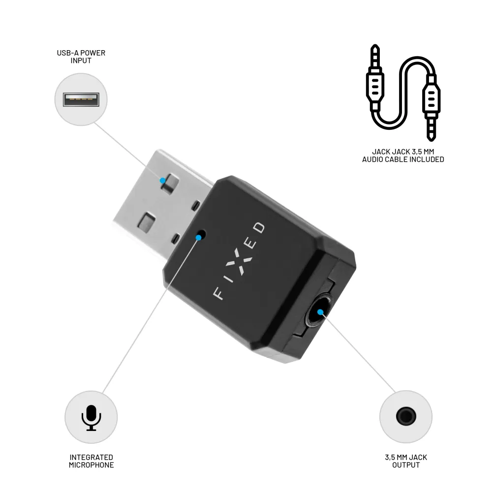 Bluetooth audio přijímač FIXED Signal se zabudovaným mikrofonem, černý FIXED.zone shop