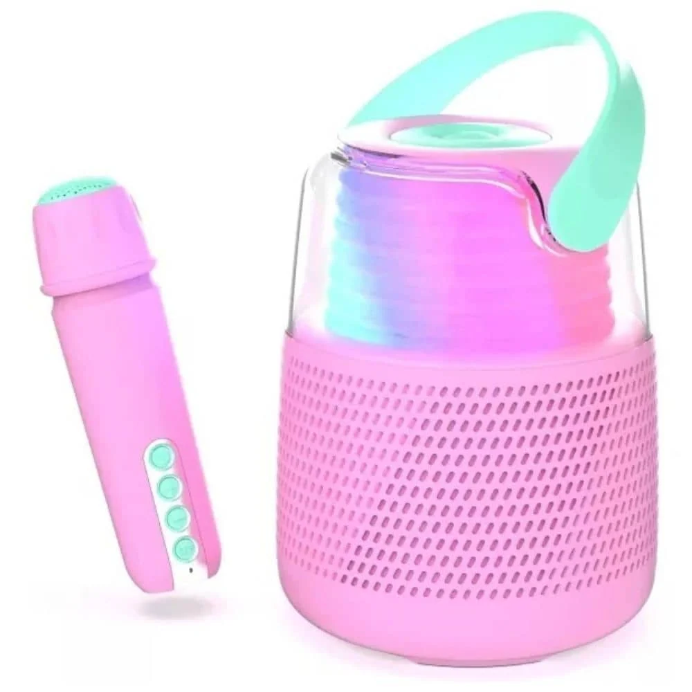 Karaoke sada s mikrofonem reproduktorem s LED osvětlením – růžová