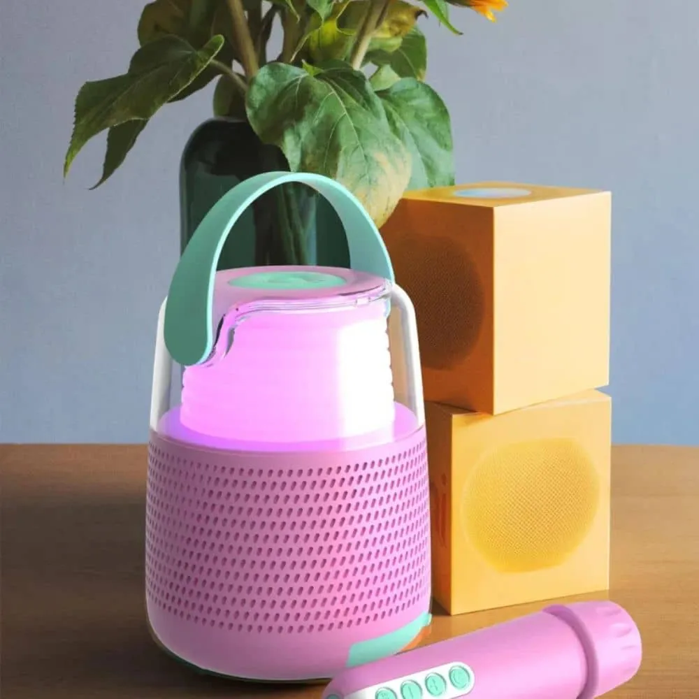 Karaoke sada s mikrofonem reproduktorem s LED osvětlením – růžová