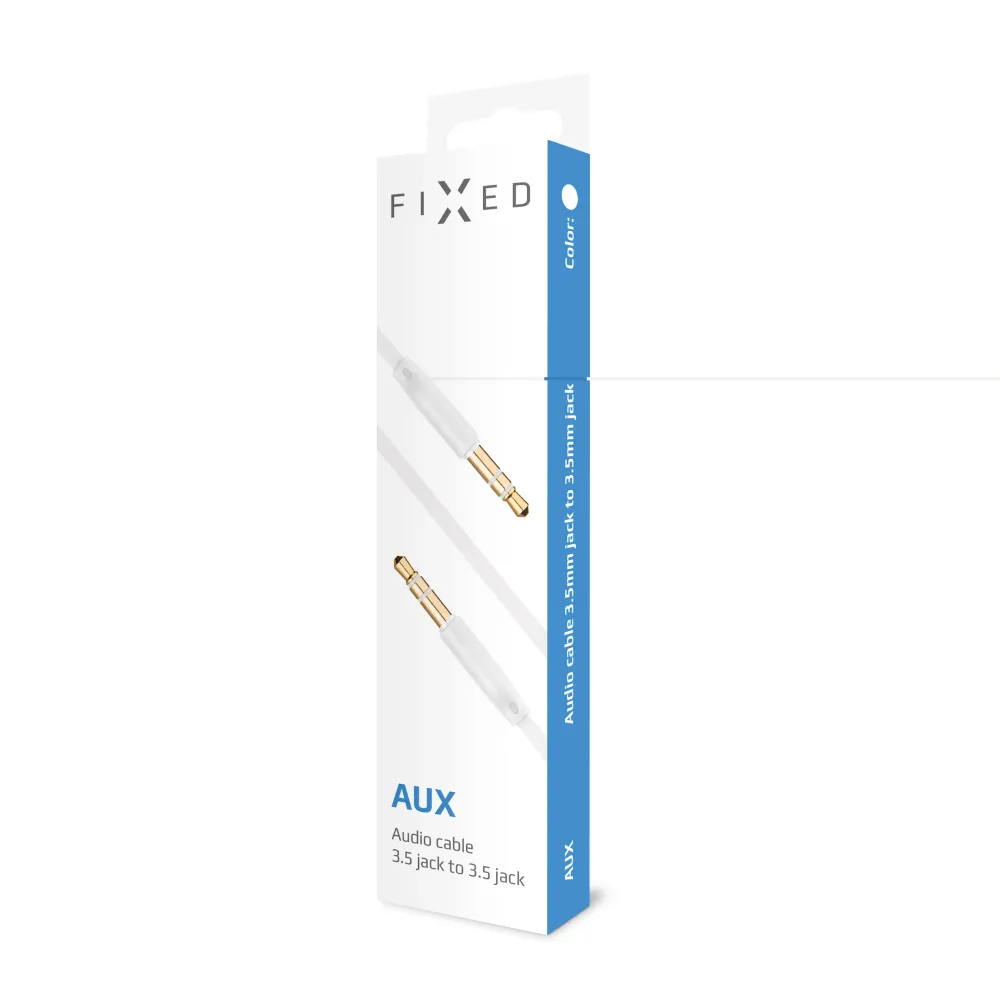 Plochý audio AUX kabel FIXED s konektory 2 x 3,5 mm jack, bílý