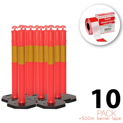 (10 Balení) Flexibarrier T-Top Patník se základnou + 500 m Výstražná páska – 115 cm