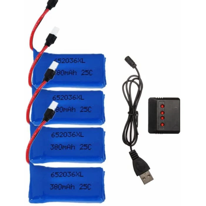 4ks 25C 3,7V 380mAh baterie pro drony s 1ks nabíječkou pro HUBSAN X4 H107 H107L H107C H107D V252 JXD 385 RC YUNIQUE GREEN-...