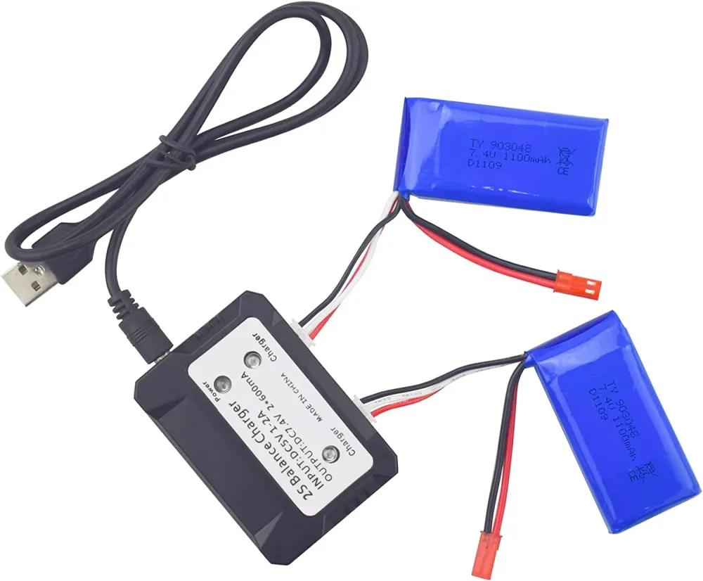 2 x 7,4V 1100mAh lithiová baterie s nabíječkou - kompatibilní s WLtoys A949, A959, A969, A979, K929, V912, V913, L959 YUNI...