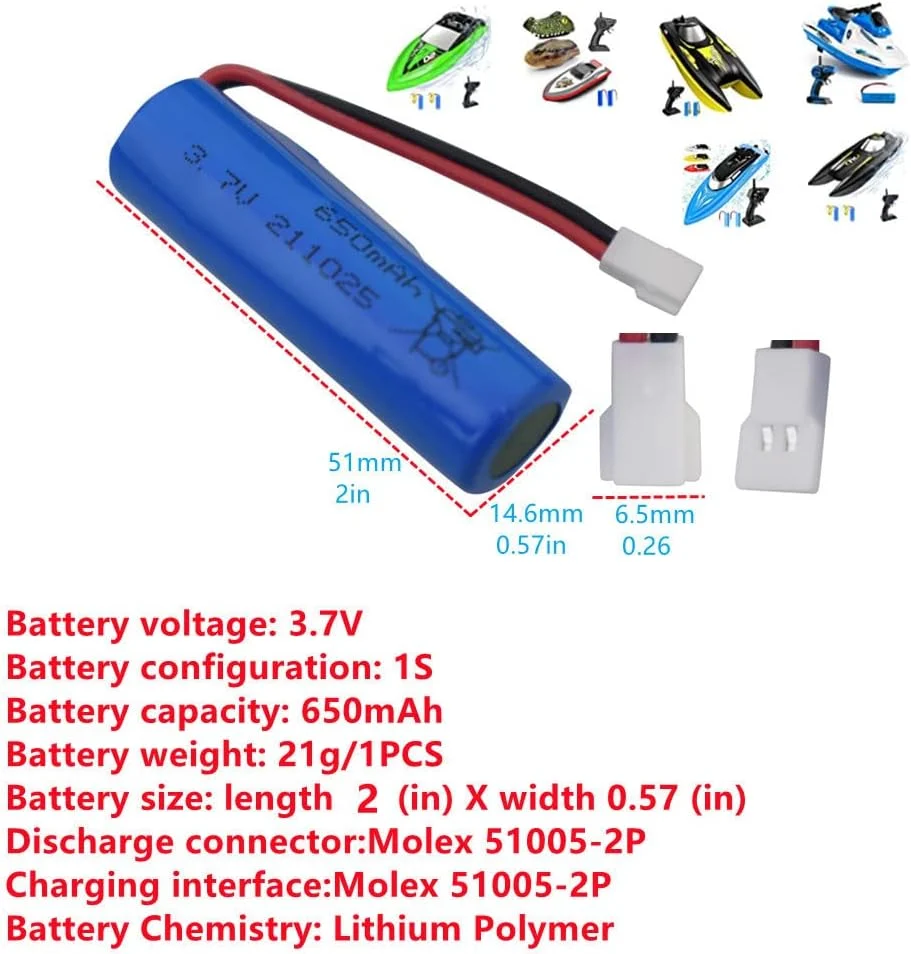 1 kus 3,7V 650mAh lithiová baterie pro lodě na dálkové ovládání SYMA Q9 H126 H131 H118 RH701 YUNIQUE GREEN-CLEAN-POWER