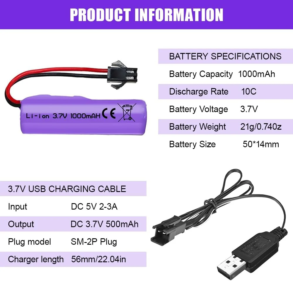 1 kus 7,4V 1000mAh dobíjecí baterie SM-4P s nabíjecím kabelem USB pro RC vozidla DE36W DE65 NO.1809 YUNIQUE GREEN-CLEAN-POWER