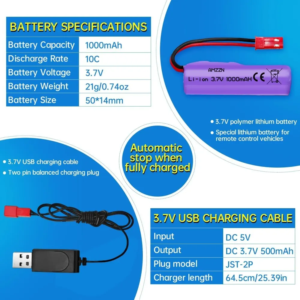 1 kus 7,4V 1000mAh dobíjecí baterie SM-4P s nabíjecím kabelem USB pro RC vozidla DE36W DE65 NO.1809 YUNIQUE GREEN-CLEAN-POWER