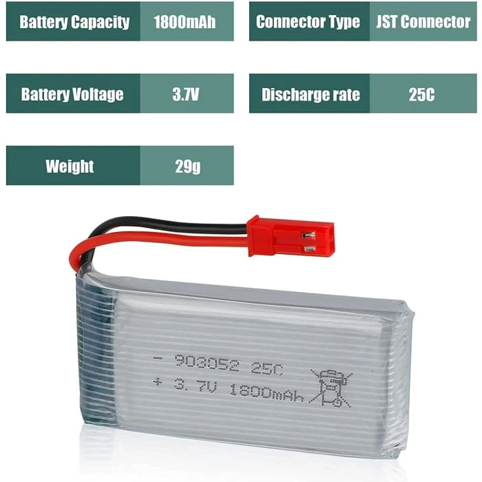 2 kusy 3,7V 1800mAh 25C li-po baterie se zástrčkou JST pro kvadrokoptéru RC vrtulníku JJRC H11D H11C HQ898B YUNIQUE GREEN-...
