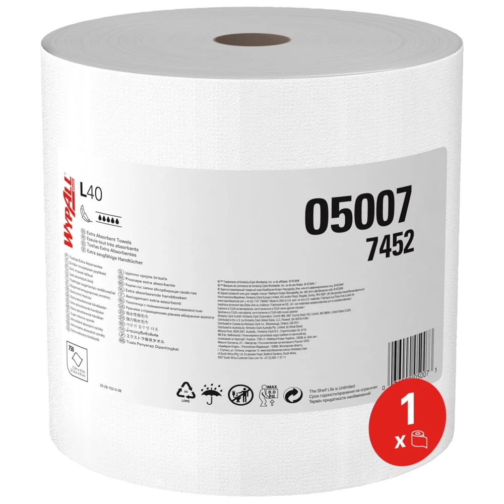 Wypall® L40 PowerClean - Rolo grande / branco - 1 rolo x 750 folhas | Papelão (1 rolo)