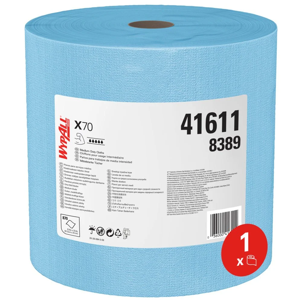 Wypall® x70 PowerClean - grande rolo / azul - 1 rolo x 870 folhas | Papelão (1 rolo)