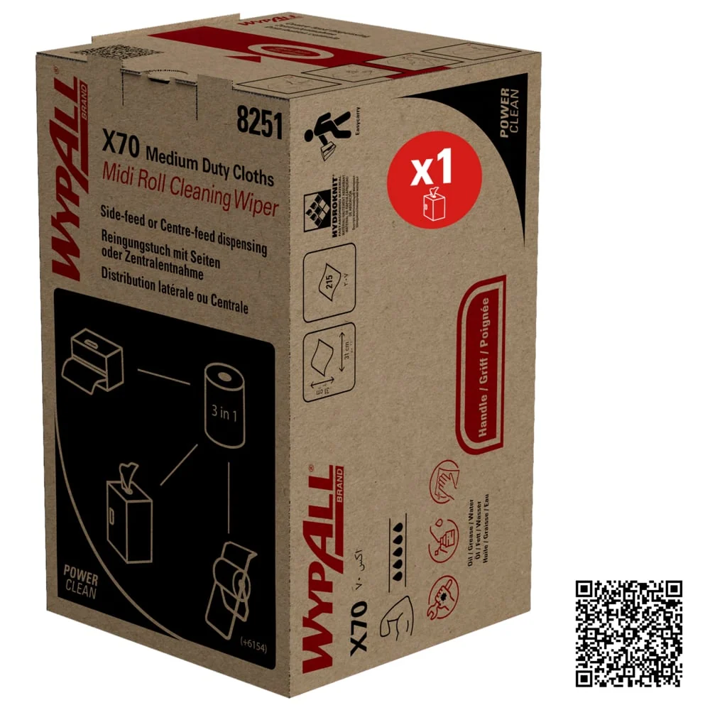 Wypall® X70 PowerClean - Midi Roll / Blue - 1 caixa x 207 folhas | Papelão (1 caixa)