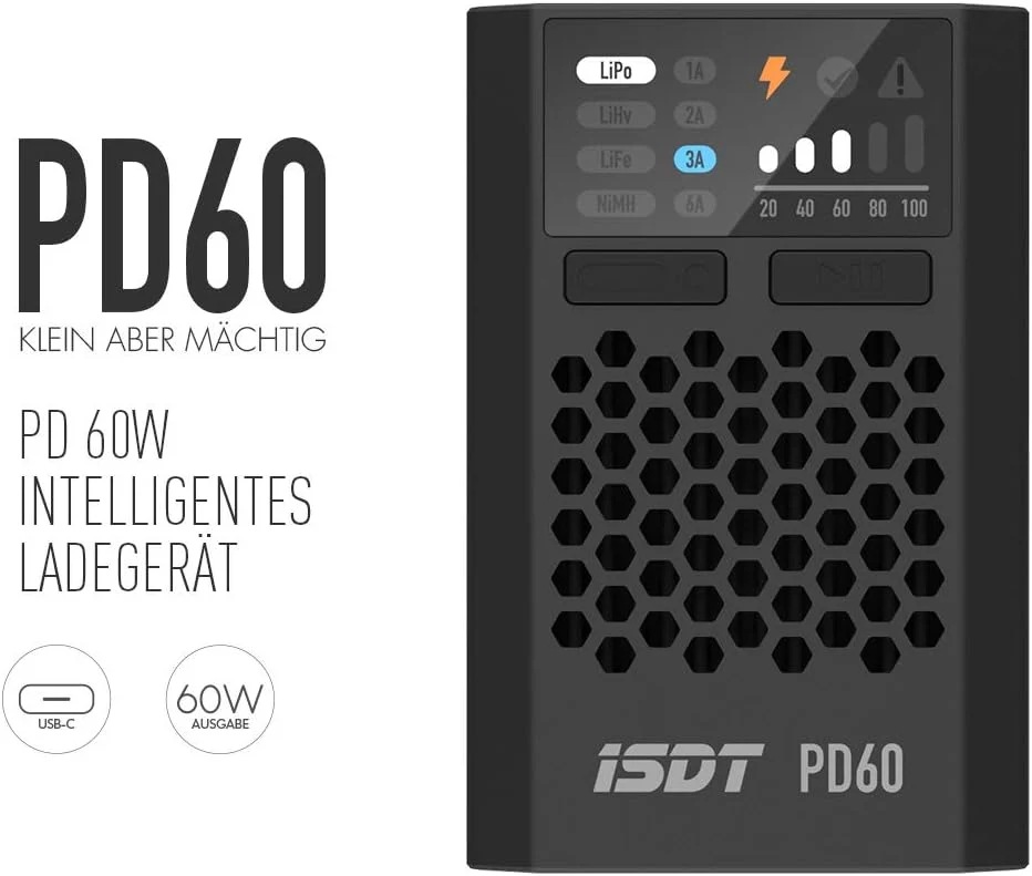 Nabíječka ISDT Lipo Balance PD60, 60 W, 6 , se vstupem typu C, přenosná nabíječka pro 1-4S Lipo/Life/Lilon, 1-12S LiHv/Pb/...