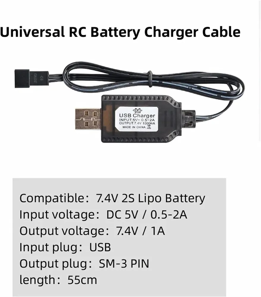 USB kabel Univerzální RC nabíječka s konektorem SM-3P pro 2S 7,4V LiPo baterii Kompatibilní s RC autem/autem/letadlem/dron...