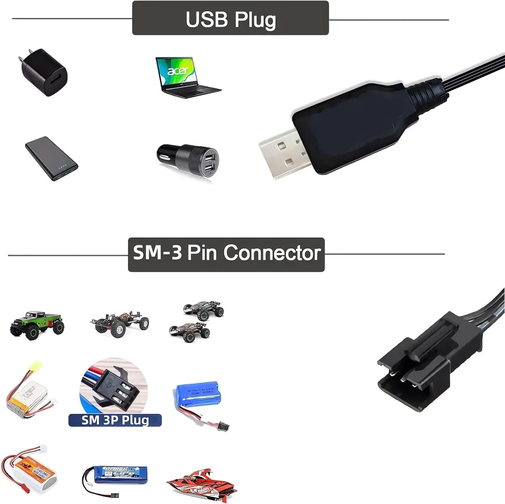 USB kabel Univerzální RC nabíječka s konektorem SM-3P pro 2S 7,4V LiPo baterii Kompatibilní s RC autem/autem/letadlem/dron...
