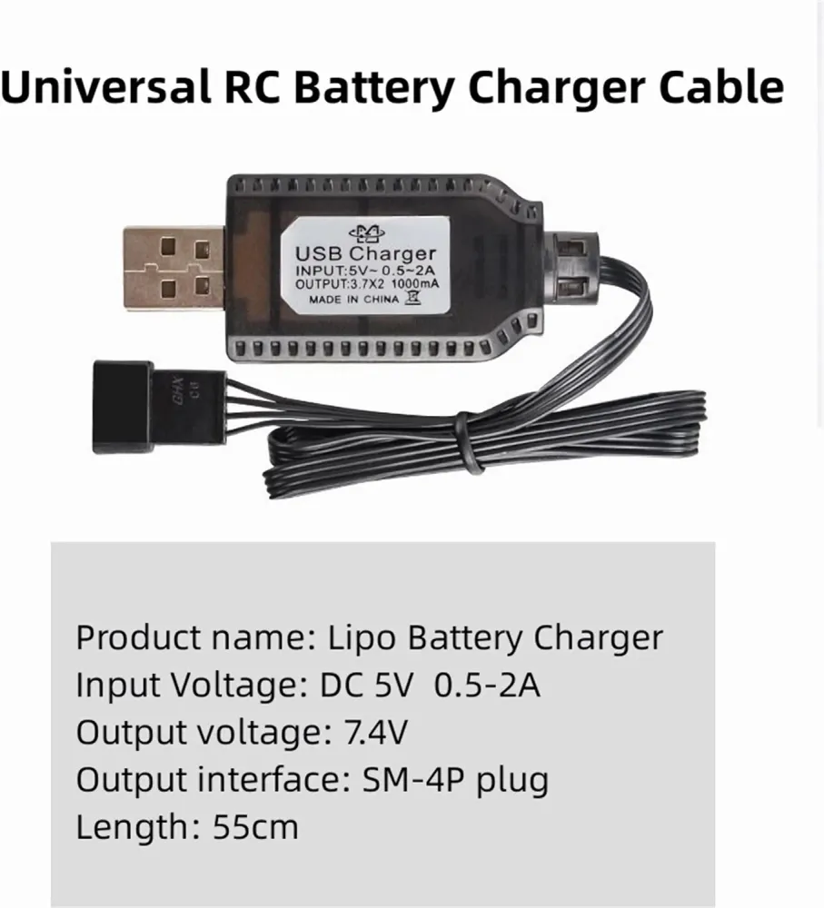 USB kabel Univerzální RC nabíječka s konektorem SM-4P pro 2S 7,4V LiPo baterii Kompatibilní s RC autem/autem/letadlem/dron...