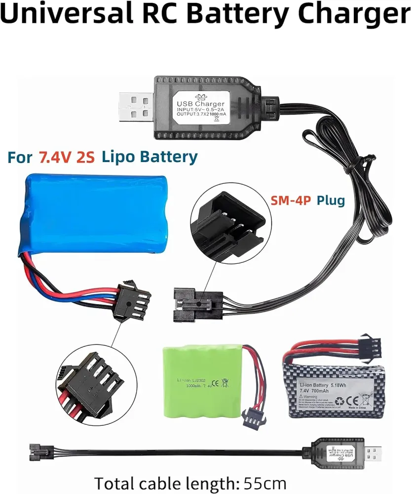 USB kabel Univerzální RC nabíječka s konektorem SM-4P pro 2S 7,4V LiPo baterii Kompatibilní s RC autem/autem/letadlem/dron...