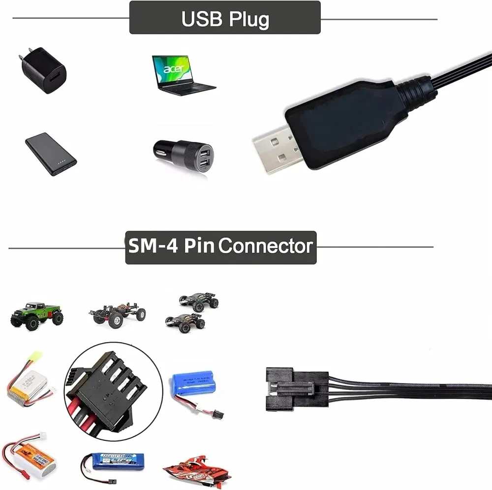 USB kabel Univerzální RC nabíječka s konektorem SM-4P pro 2S 7,4V LiPo baterii Kompatibilní s RC autem/autem/letadlem/dron...
