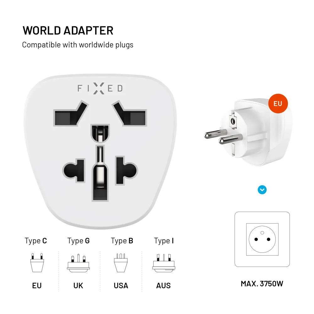 Adaptér FIXED EU Adapter 2 pro zapojení UK, US, AUS zařízení do EU zásuvek, bílý