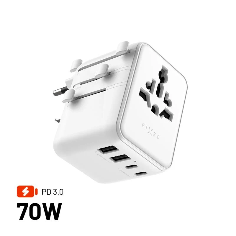 Cestovní adaptér FIXED Voyager 70W pro EU, UK USA/AUS, s 3xUSB-C 2xUSB výstupem, GaN, PD 70W, bílý