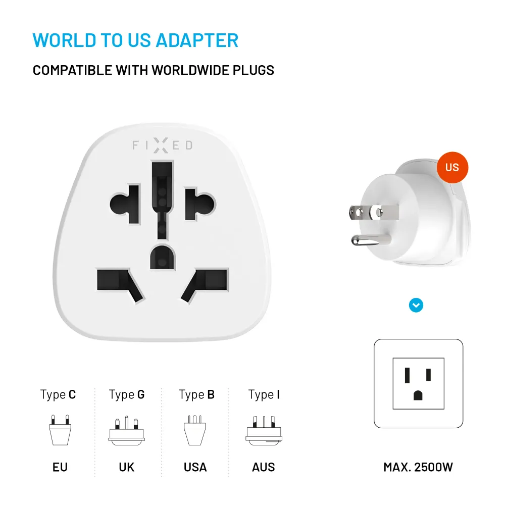 Adaptér FIXED USA Adapter pro zapojení EU, UK, AUS zařízení do USA zásuvek, bílý FIXED.zone shop