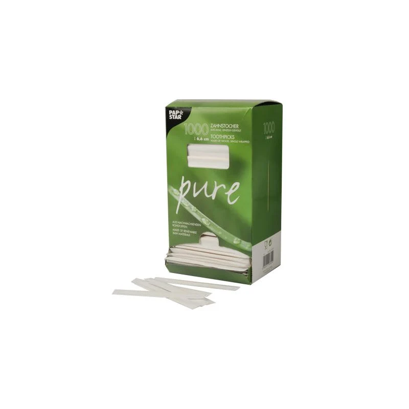 PAPSTAR "Pure" tandenstoker hout gewikkeld rond 6,5 cm | Donatiebox (1000 stuks)