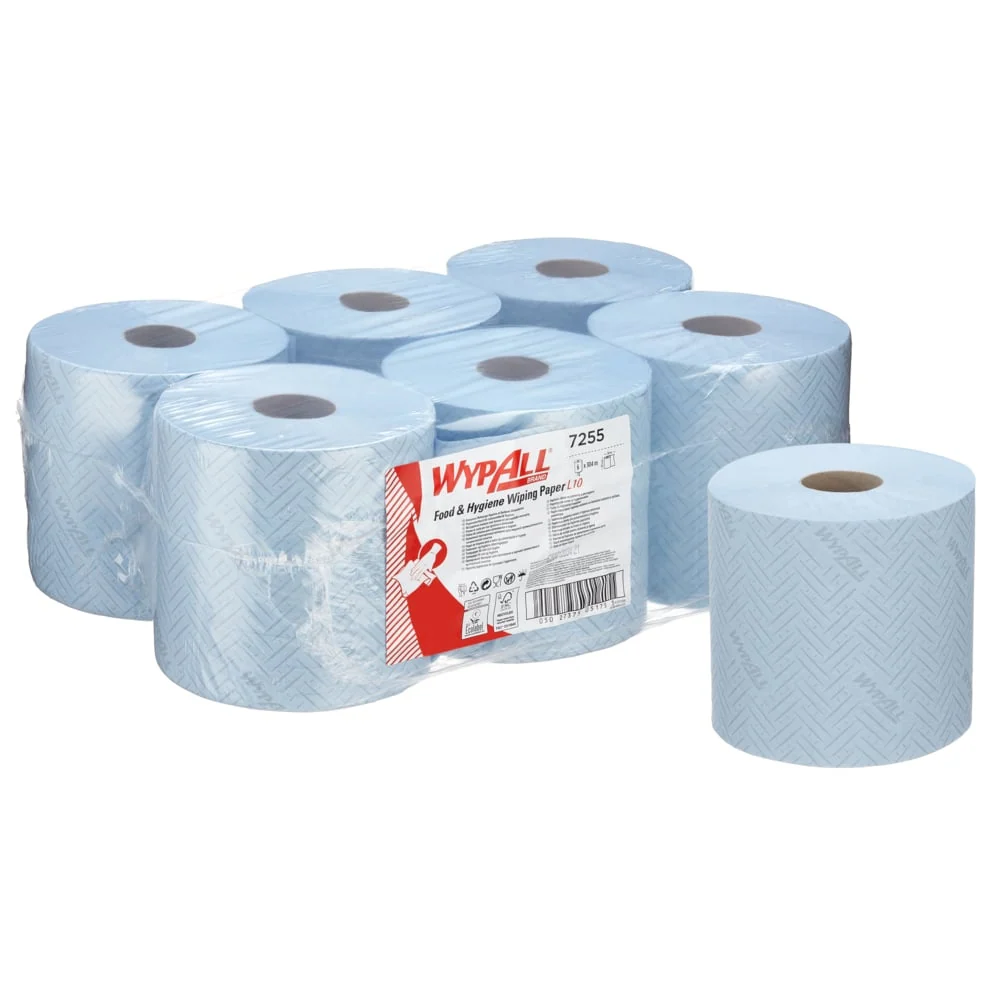 Toalha de papel Wypall® L10 para alimentos e higiene - Remoção central / azul / 1 -camada - 6 rolos x 800 folhas | Papelão...