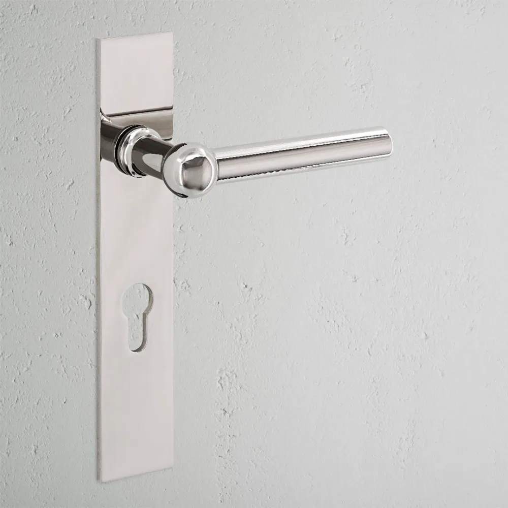 Harper Long Plate Sprung Door Handle & Euro Lock - Polished Nickel Interior Doors