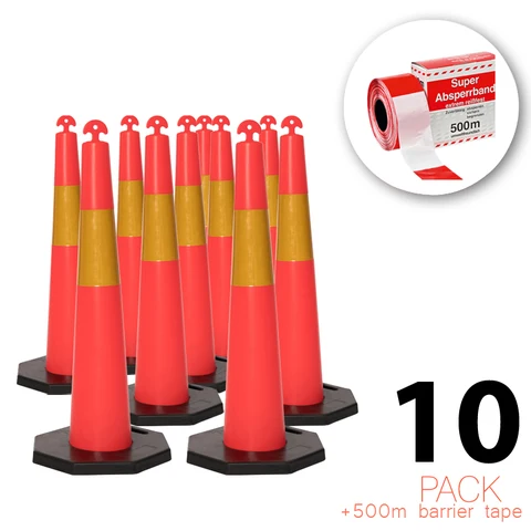 (10 Balení) Flexibarrier T-Top Dopravní kužel s 8 kg základnou + 500 m Výstražná páska – 115 cm