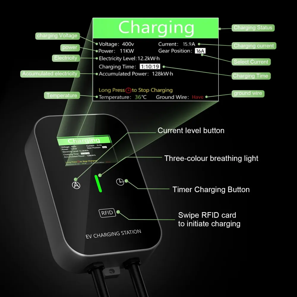 NOEIFEVO EV Wallbox Typ 2, 11kW mit RFID, 8–16A, 3-phasiges 400V Ladegerät für Elektrofahrzeuge (BEV/PHEV) mit 5 m Ladekab...