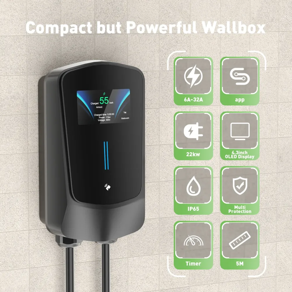 NOEIFEVO Wallbox Typ 2, 22kW, s aplikací RFID, 6–32A, 3fázová 400V nabíječka pro elektromobily (BEV/PHEV) s 5 m nabíjecím...