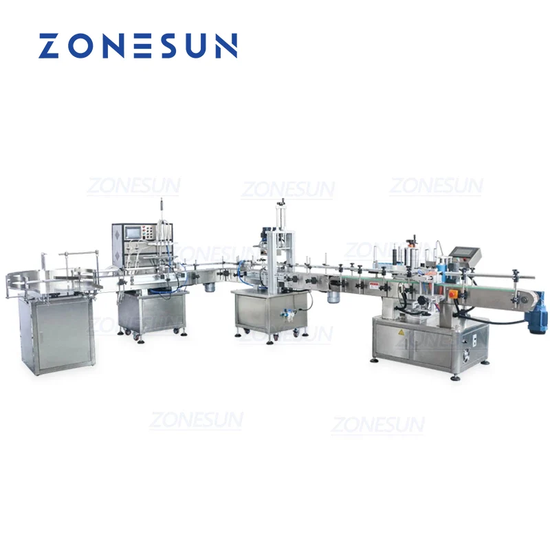 ZONESUN 4 Nozzles Liquid Filling Capping And Round Bottle Labeling Production Line