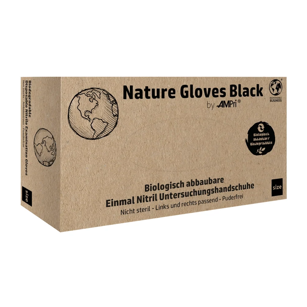 AMPri Nature Gloves BLACK Nitrilhandschuhe Biologisch abbaubar, Schwarz | Box (100 Stück) Xs