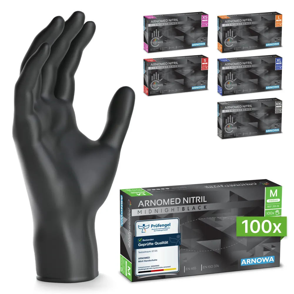 ARNOMED NITRIL MIDNIGHT BLACK Reißfeste Einmalhandschuhe aus Nitril Schwarz Xs