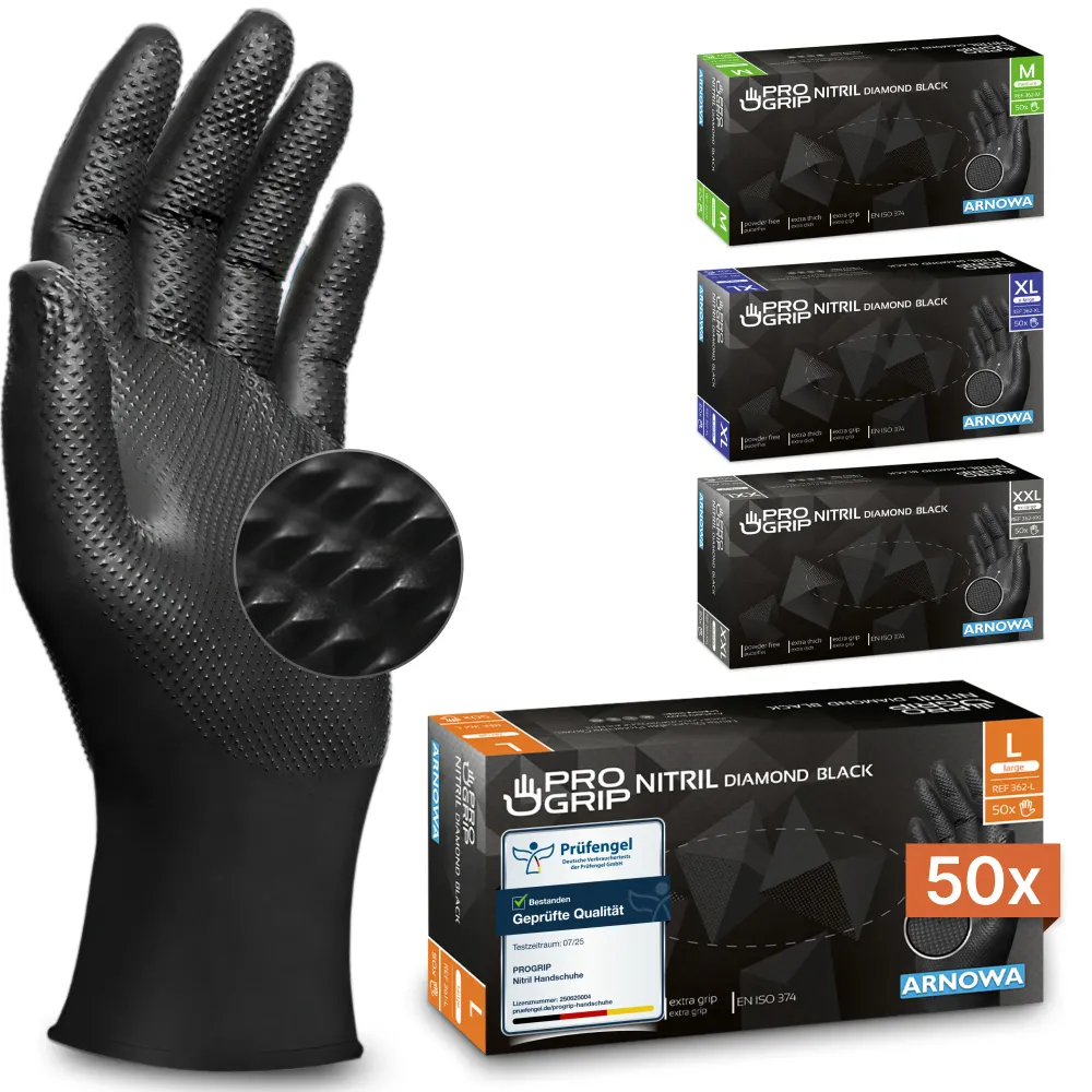 PROGRIP NITRIL DIAMOND BLACK Reißfeste Einmalhandschuhe aus Nitril mit Diamantstruktur Schwarz Xl