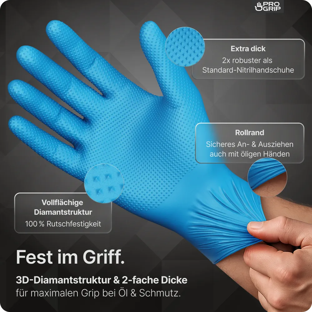 PROGRIP NITRIL DIAMOND BLUE Mănuși de unică folosință rezistente la rupere din nitril cu structură de diamant în albastru Xxl