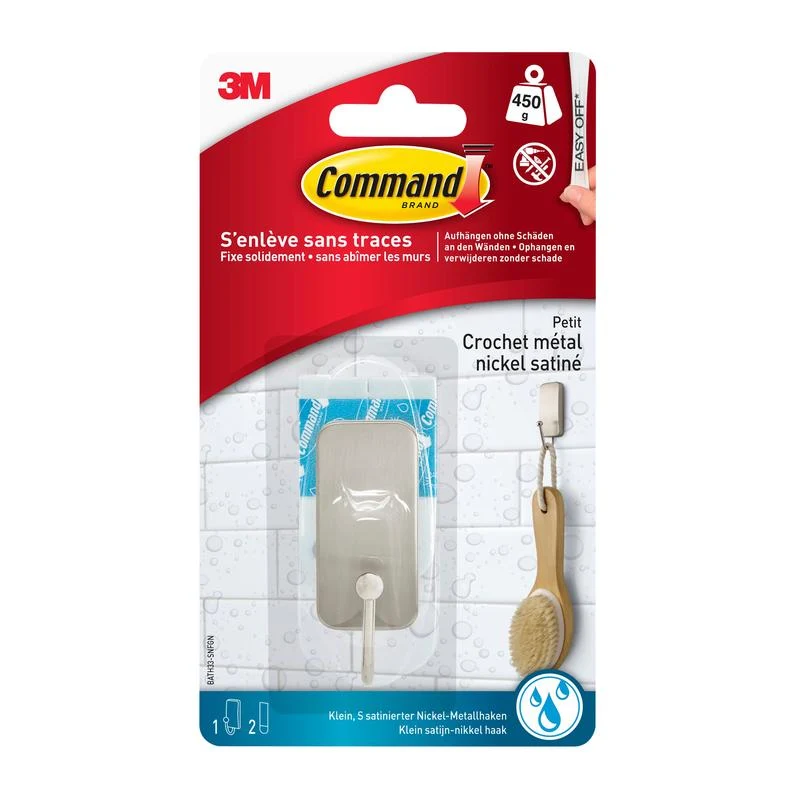 Command™ Metall-Haken Bad, schmal, Satin Nickel, 1 Haken, 25 Stips | Packung (1 Stück)