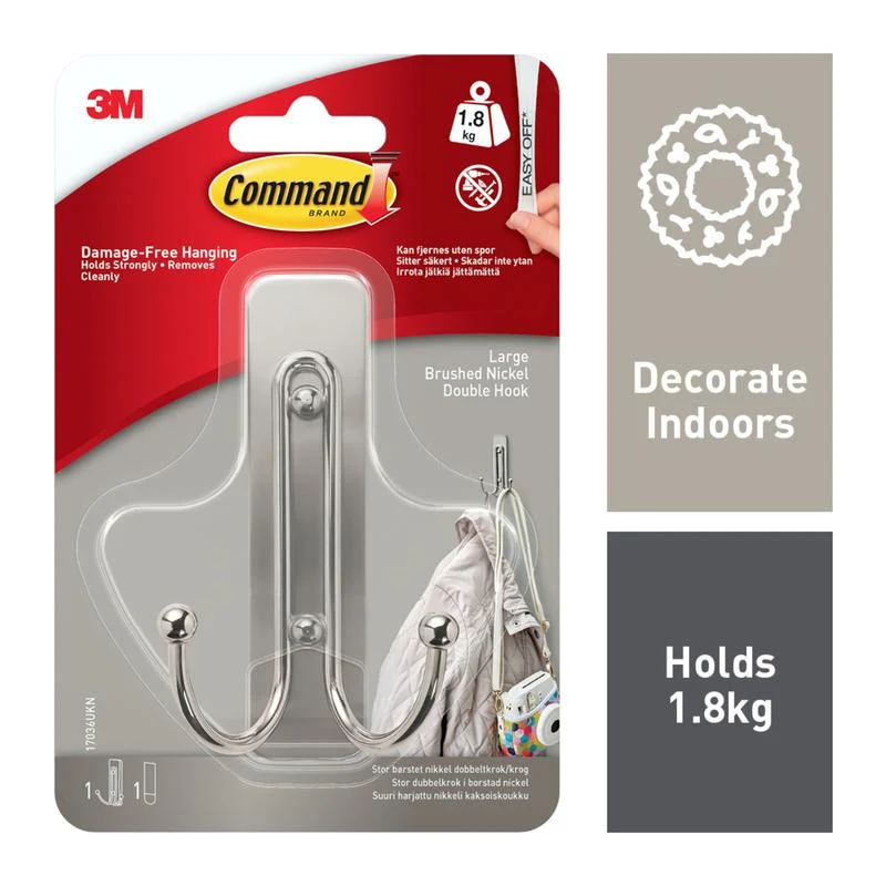 Großer Command™ Doppelhaken gebürstetem Nickel, 17036, 1 Haken, 1 Strip | Packung (1 Stück)