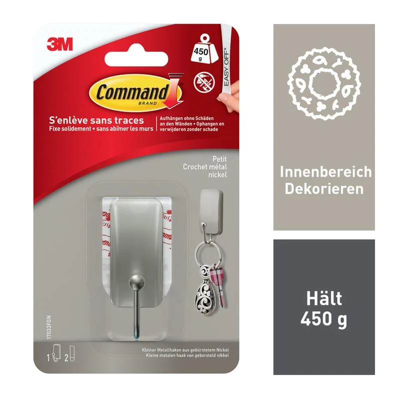 Kleiner Command™ Metallhaken gebürstetem Nickel, 17033, 1 Haken, 2 Strips | Packung (1 Stück)