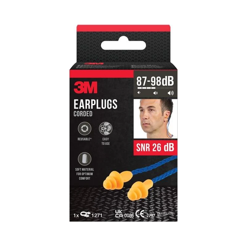 3M™ Gehörschutzstöpsel mit Kordel 1271, Drei-Flansch-Design, wiederverwendbar, SNR-Wert 26 dB, Orange | Packung (1 Stück)