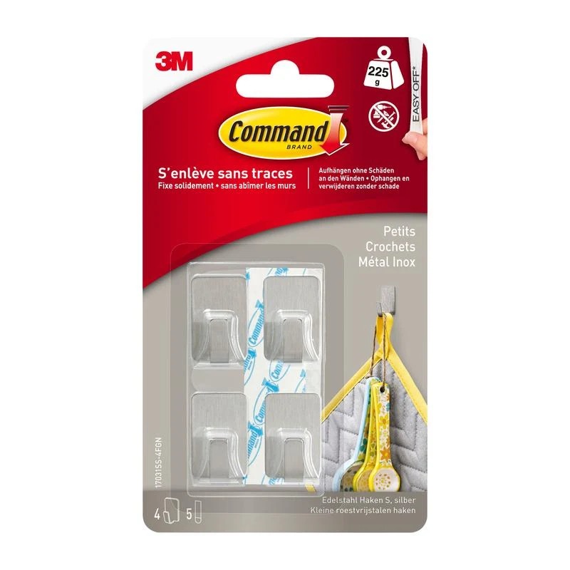 Command™ Edelstahl-Metallhaken Größe S, 17031SS-4ES, 4 Haken, 5 Strips | Packung (1 Stück)