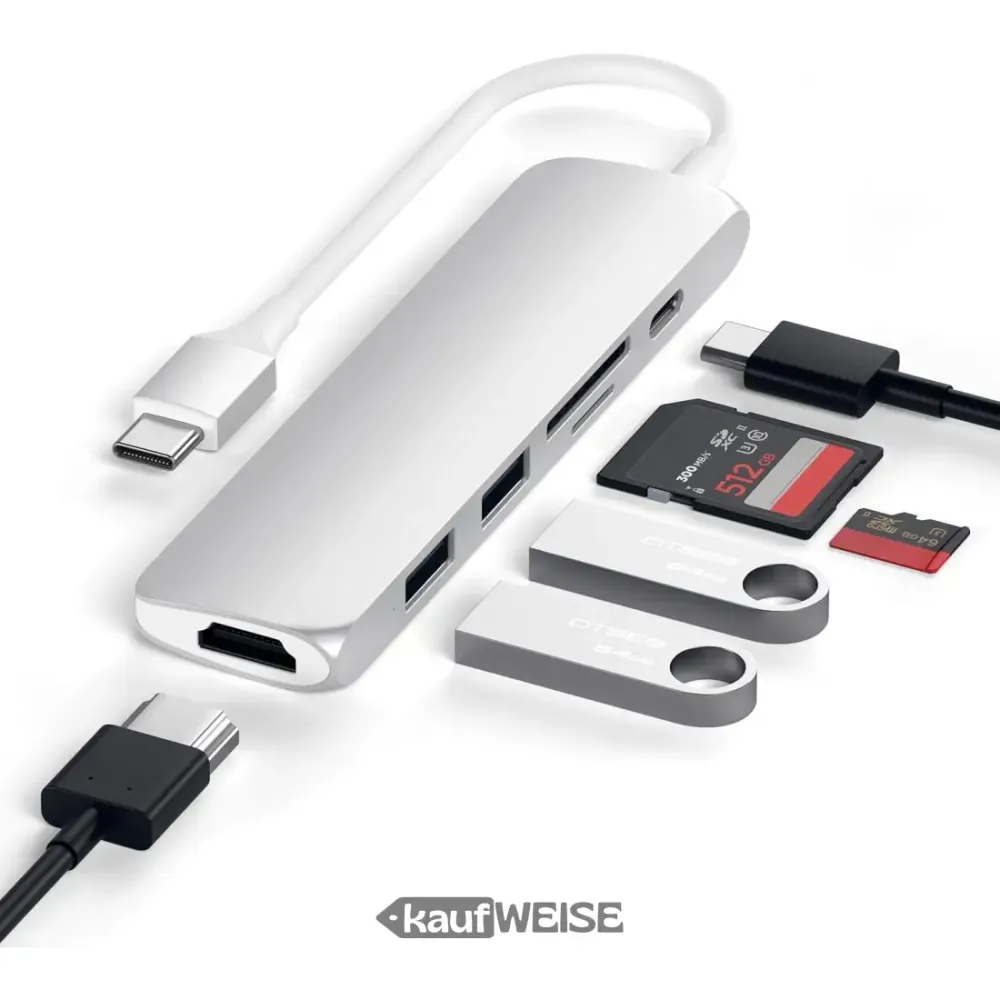 Satechi V2 Slim USB-C víceportový adaptér | 4K 60Hz HDMI & 60W PD | Stříbro