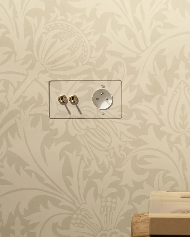 Kew Dvojnásobný 2x Toggle & French/Belgian Type E Socket - Clear Antique Brass | White