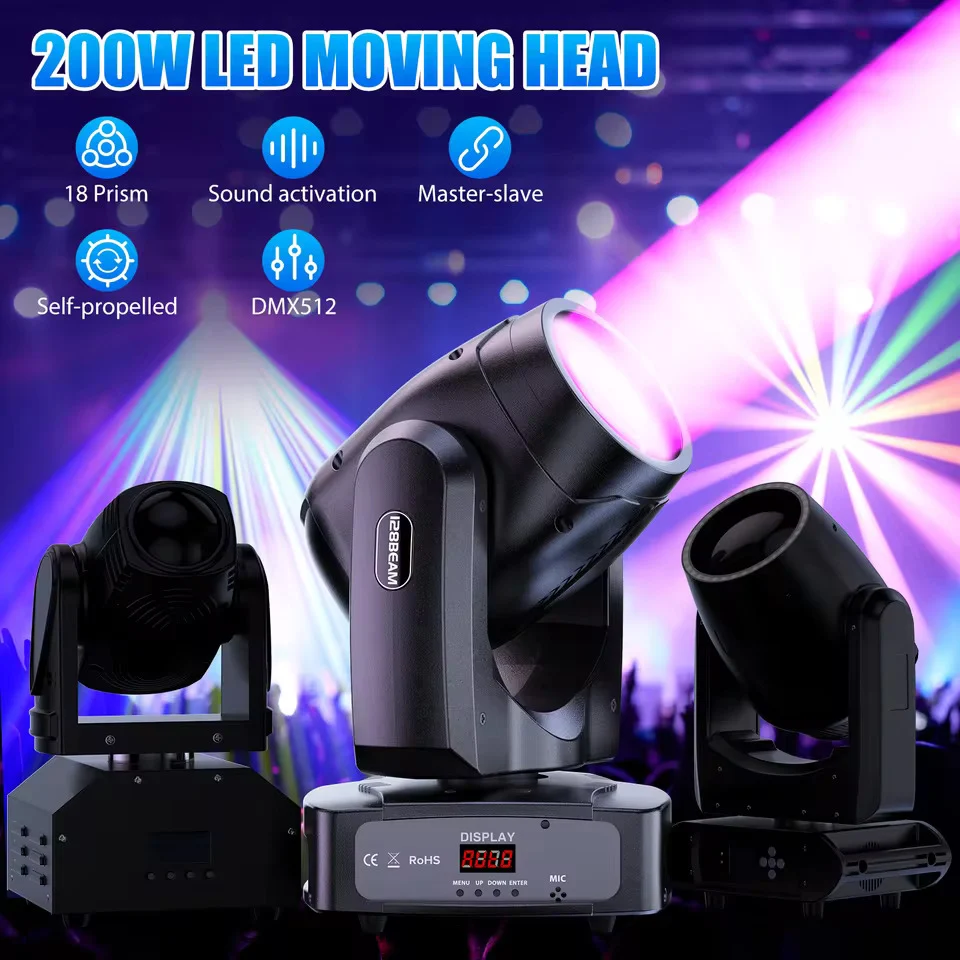 200W LED Beam pohyblivá hlava, 18prizmatický barevný projektor pro jevištní osvětlení, efektový projektor pro bary, naroze...