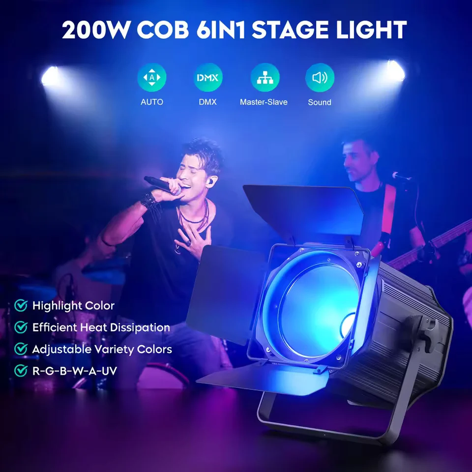 200W LED COB PAR reflektor 6v1 RGBWA+UV lineární reflektor DMX512 teplé studené bílé pódiové světlo pro DJ, párty, koncert