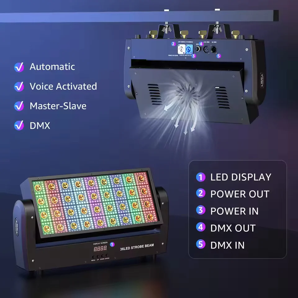 Oscilační čtvercový stroboskopický pódiový reflektor se 36 teplobílými LED 648 RGB světelnými závěsy (5050) pro párty