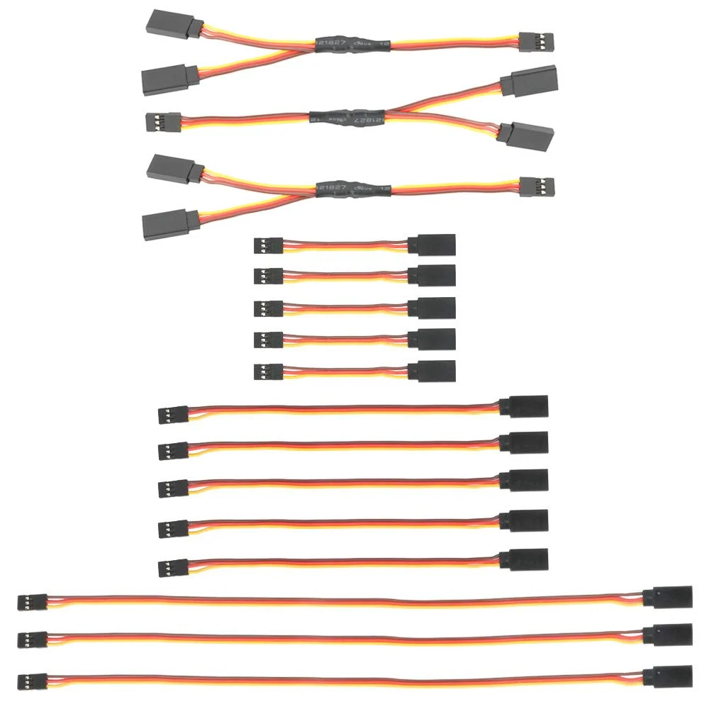 16 kusů prodlužovacího kabelu pro RC serva, 75/150/300mm prodlužovací kabel JR konektoru, 1 ž 2 Y dráty 150mm 3 pin JR sam...