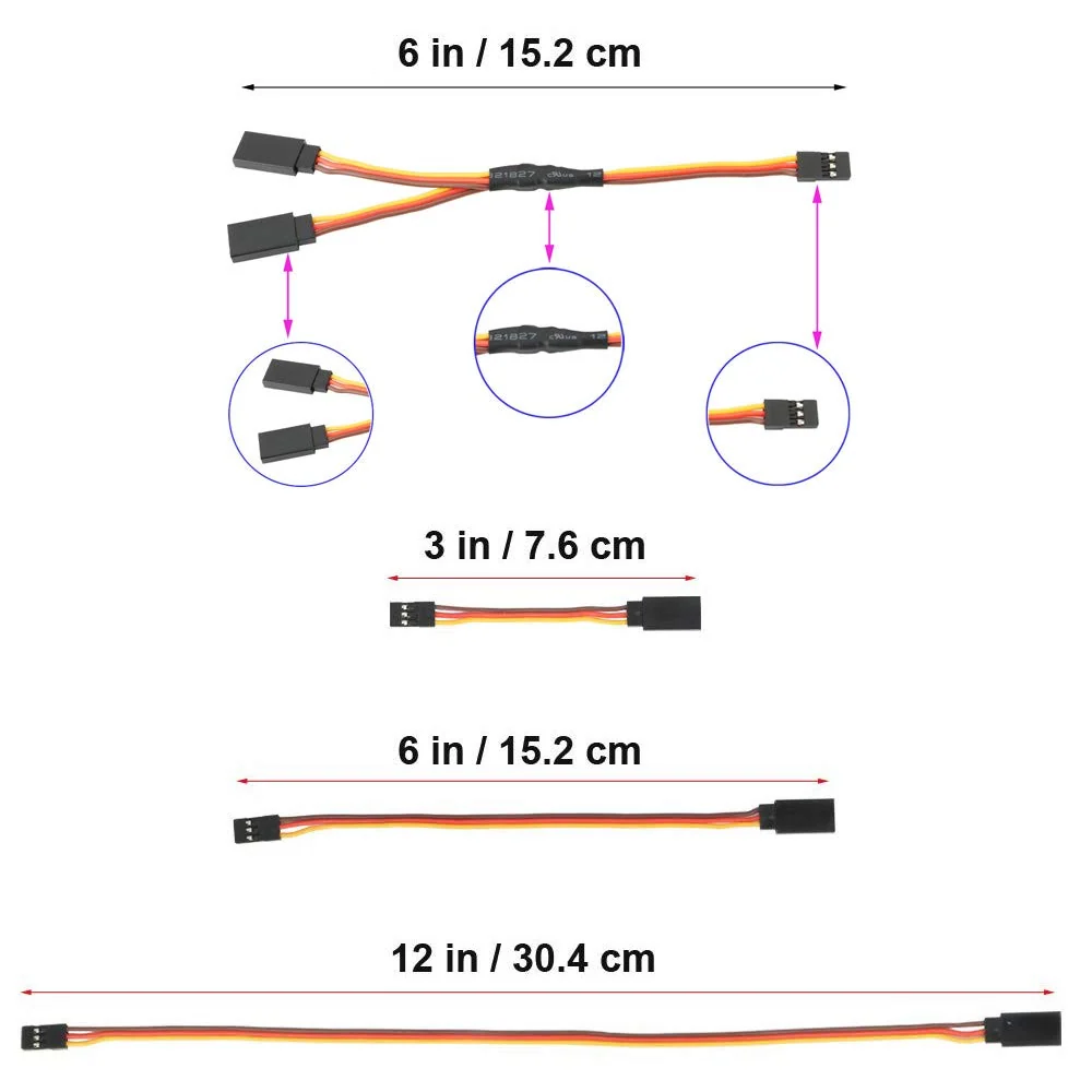 16 kusů prodlužovacího kabelu pro RC serva, 75/150/300mm prodlužovací kabel JR konektoru, 1 ž 2 Y dráty 150mm 3 pin JR sam...