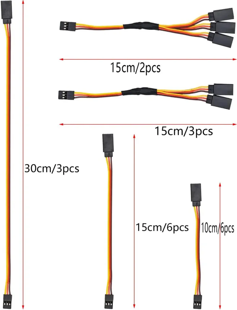 20 ks prodlužovacích kabelů pro RC serva - JR prodlužovací kabel, 3 kolíky samec-samice, 1 ž 2/1 ž 3 - velikosti 100mm, 15...