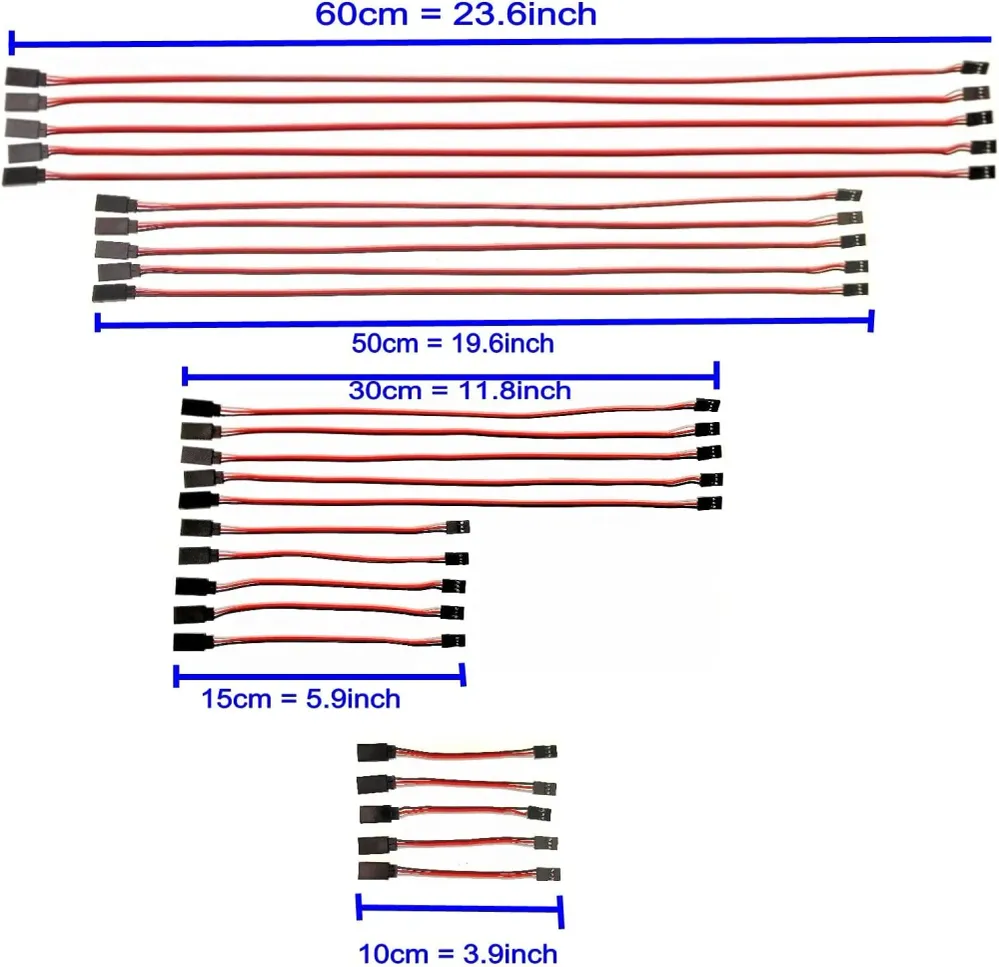 Sada 25 kusů kabelů pro serva - JR Style Male to Female - 26 AWG - různé délky (10cm, 15cm, 30cm, 50cm, 60cm) - pro letadl...