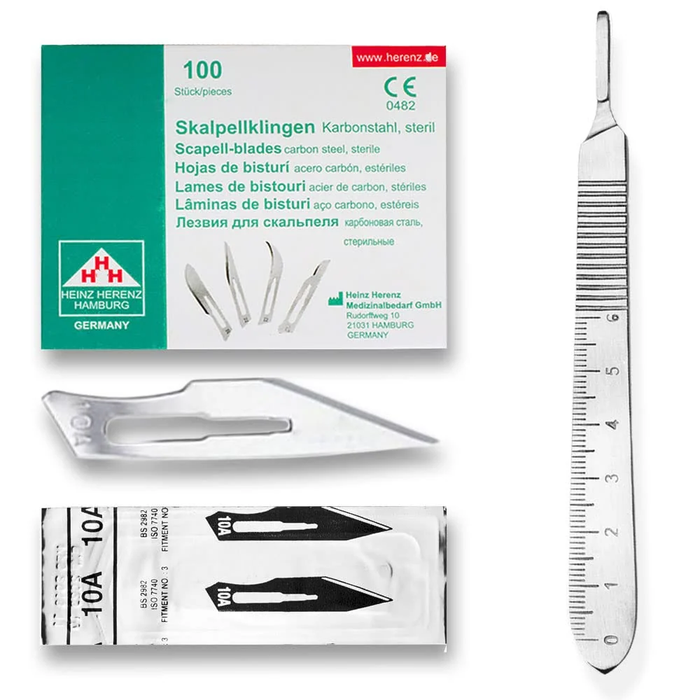 Sada - 100 kusů skalpelových čepelí tvar 10A z uhlíkové oceli - náhradní čepele jednotlivě sterilně balené + 1 x May - drž...