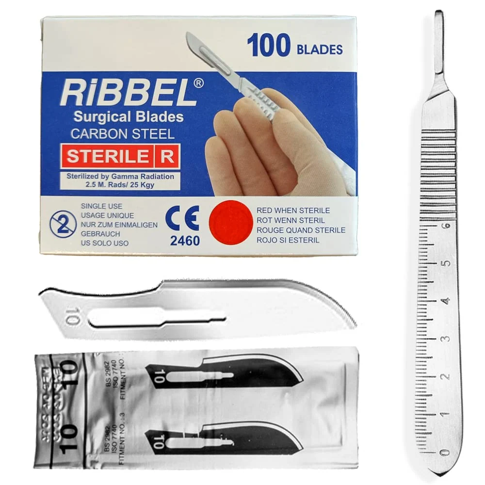 Sada - 100 kusů skalpelových čepelí tvar 10 z uhlíkové oceli - skalpelové čepele jednotlivě sterilně balené + 1 x May - dr...